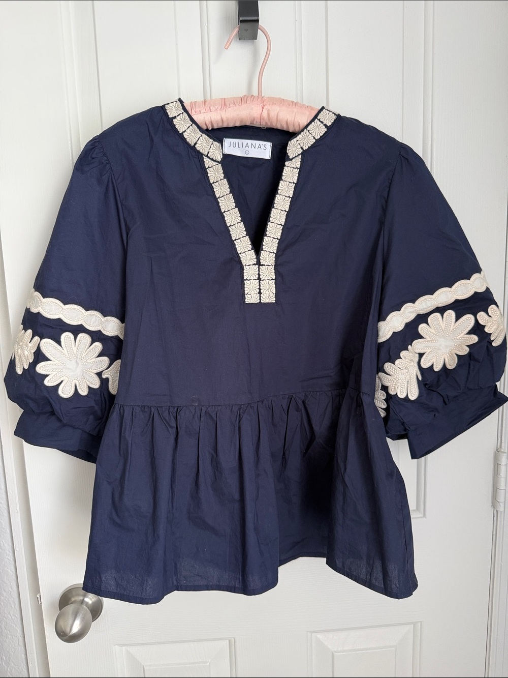 Juliana's Navy Peplum Top with Cream Floral Embroidery